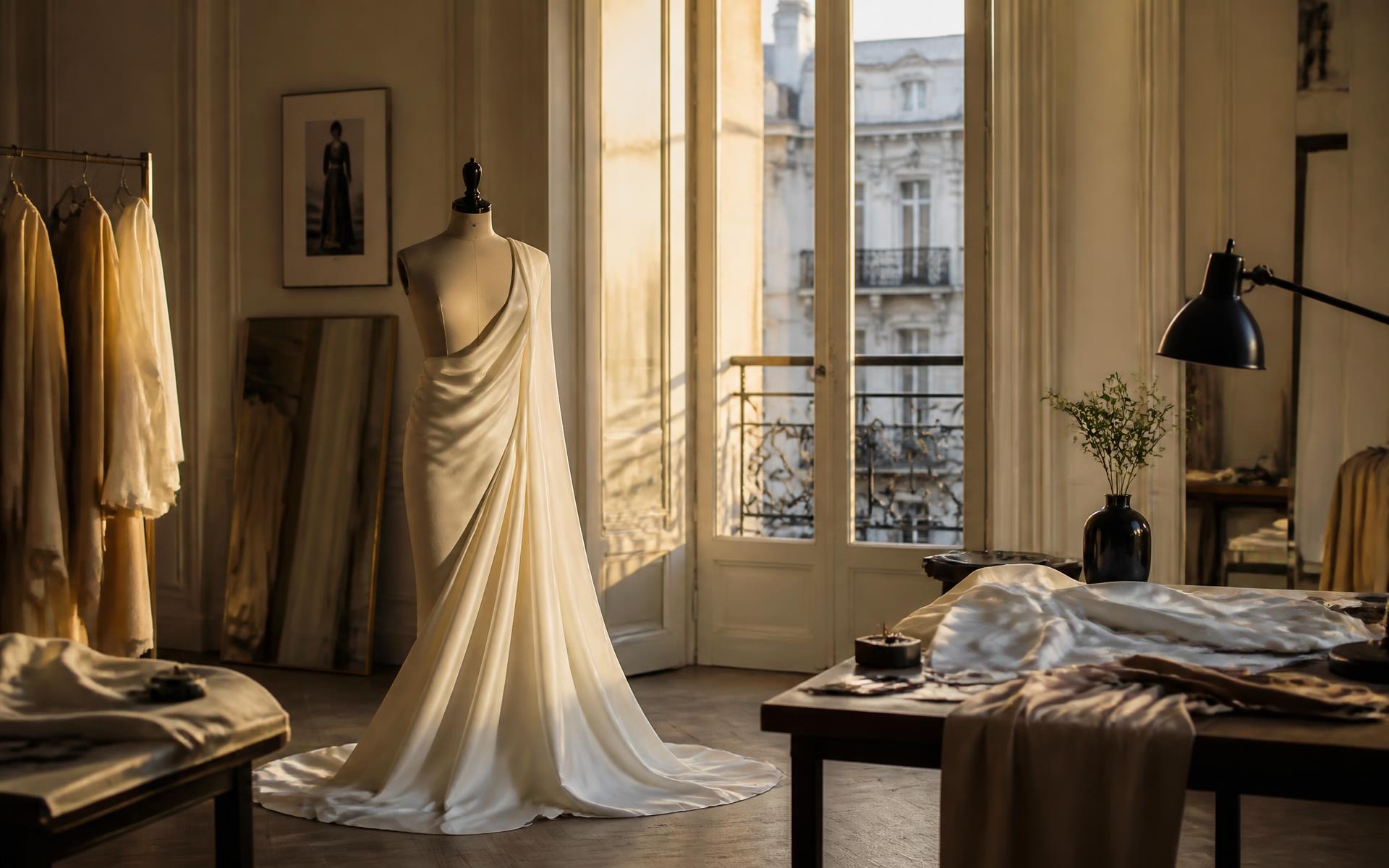 Milan design atelier with draped ivory fabric on a dress form